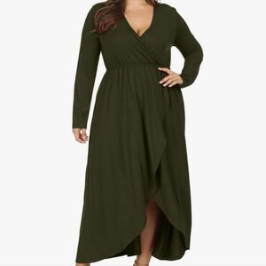 Plus-Size Olive Green Long Sleeve Wrap Maxi Dress